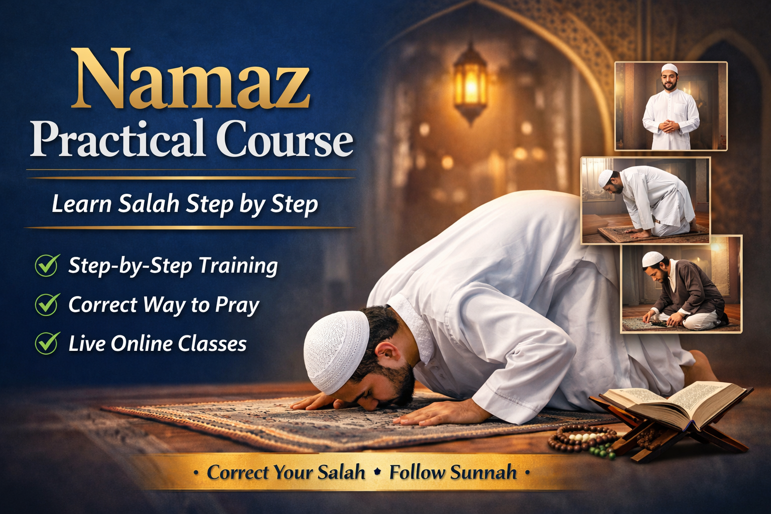 Learn how to perform Namaz correctly with our Namaz Practical Course. Step-by-step Salah training, common mistake correction, and authentic Islamic guidance. Join online classes today.